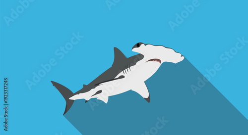 A sleek ocean predator, the hammerhead shark, rendered in a modern flat design style with striking long shadow graphics, embodies marine life's