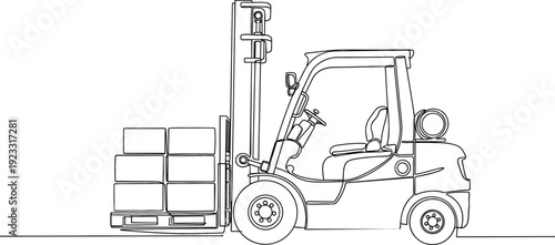 Continuous one line drawing of an industrial forklift carrying a loaded pallet for warehouse logistics concept