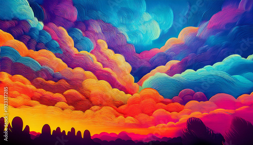 Vibrant Pop Art Cloudscape Bold Colors Comic Book Style Cheerful Cartoon