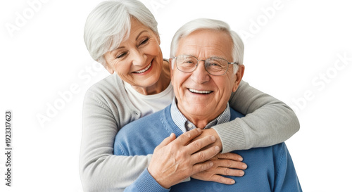Happy elderly couple embracing, isolated on transparent background