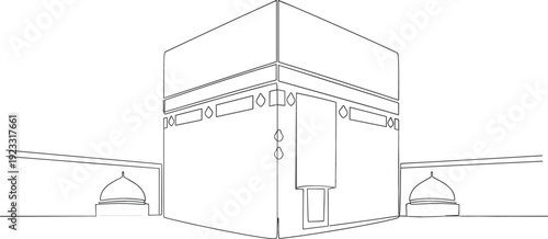 Continuous one line drawing of the holy Kaaba in Mecca for Hajj and Umrah pilgrimage concept
