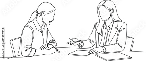 Continuous one line drawing of two business women having a job interview or professional office meeting