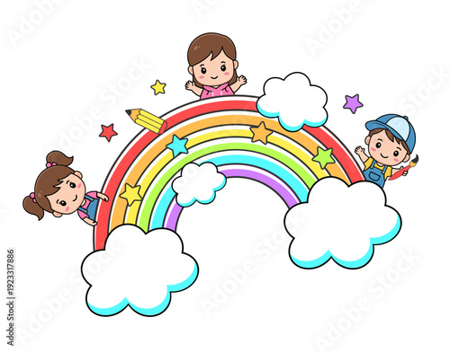 Joyful children playing around rainbow with clouds and stars, a colorful illustration for education material and children content. 