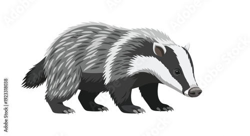A captivating vector illustration of a European badger walking with its iconic black and white facial stripes and grey fur, truly ideal for nature