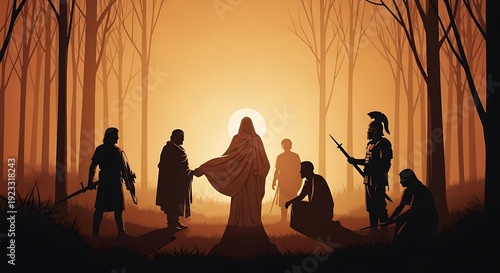 Enigmatic gathering of robed figures in a mystical forest bathed in ethereal sunlight
