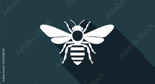 Minimalist white bee icon with long shadow on a dark background representing vital insects