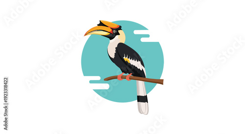This majestic tropical bird, an icon of the jungle's vibrant ecosystem, is depicted in a stylized illustration perched calmly on a sturdy branch
