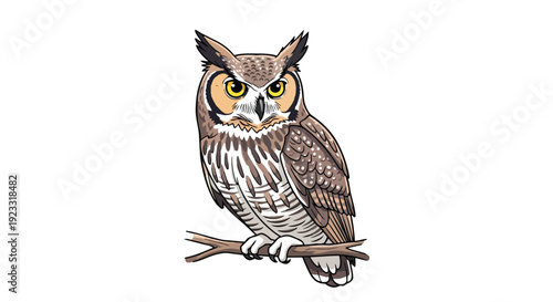 Majestic nocturnal raptor perched thoughtfully on a sturdy branch, a captivating digital illustration showcasing the wisdom and serene beauty of a