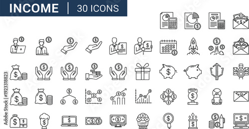 Financial income line icons set featuring profit generation salary growth money bags piggy bank revenue and individual wealth accumulation symbols.