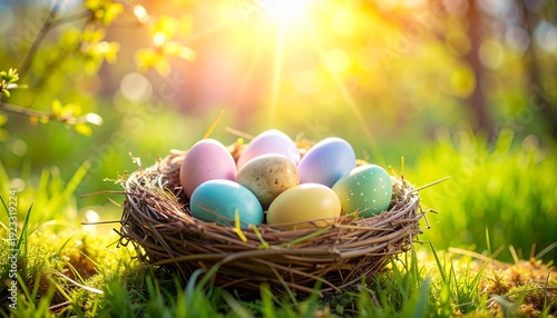 colored easter eggs resting in a nest made of twigs, soft bright 