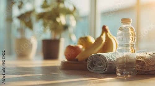 Healthy lifestyle choices fresh fruits water and towels in bright indoor setting