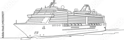 Luxury cruise ship sailing on the ocean waves rendered in a detailed minimalist continuous line art style vector