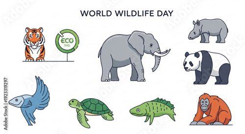 World wildlife day illustration with various endangered animals and eco symbol on white background
