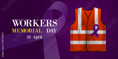 April 28 is International  Workers Memorial Day. Ribbon and worker clothes. Suitable for posters, banners and social media. Purple background.