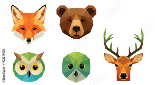 Geometric animal faces including fox bear deer owl and bird in low poly style on white background