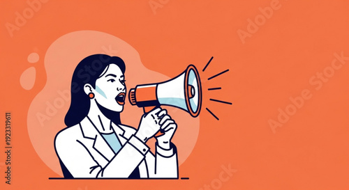 Woman holding megaphone speaking loudly with orange background and bold illustration style