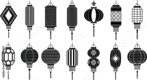 Black vector silhouette set of fourteen traditional Chinese lanterns with tassels for Lunar New Year festival decoration Asian cultural branding and oriental holiday advertising