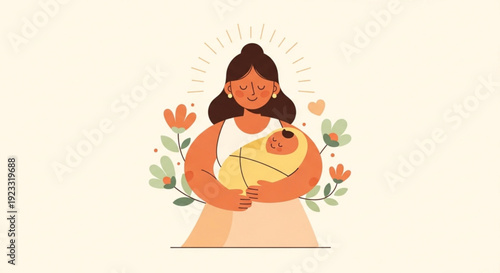 Loving mother holding newborn baby surrounded by flowers and leaves in a warm peaceful atmosphere
