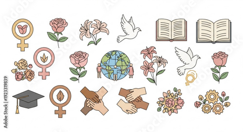 Diverse symbolic icons for peace education and equality on white background representing global harmony and cooperation