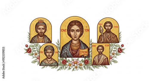 Christian icons of jesus christ and saints with floral decorations on gold background