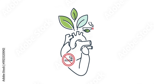 Human heart with leaves and no smoking symbol promoting healthy lifestyle and anti smoking campaign on white background