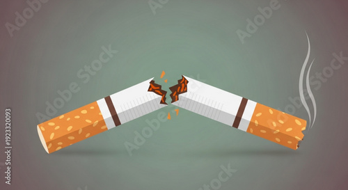 Two broken cigarettes with smoke on a gray background symbolizing quitting smoking and healthy living