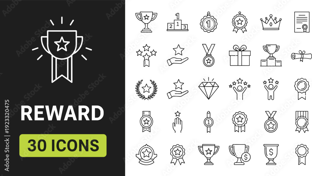 Fototapeta premium Premium reward and achievement line icons set featuring trophy cups medals stars winner podium crowns diamond and certificate symbols.