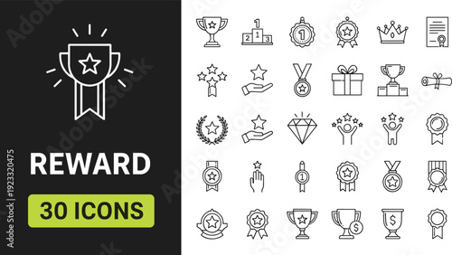 Premium reward and achievement line icons set featuring trophy cups medals stars winner podium crowns diamond and certificate symbols.
