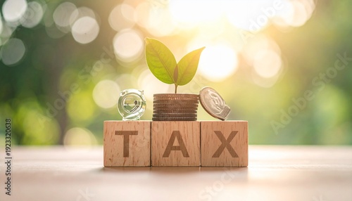 Tax Growth and Financial Planning with Plant and Coins on Wooden Blocks.