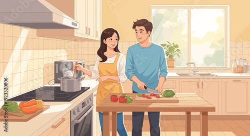 Charming anime couple cheerfully cooking together in a bright and airy kitchen setting