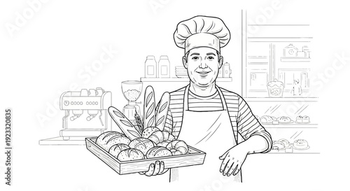 Charming bakery scene featuring a friendly baker holding a tray full of freshly baked goods