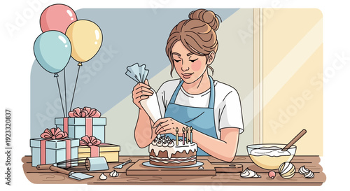 Charming baker decorates a birthday cake with balloons and gifts in celebratory scene