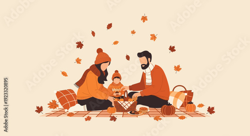 Charming autumn picnic with family under falling leaves creating a seasonal scene
