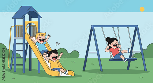 Cheerful children enjoying playtime on playground slide and swing set under sunny sky