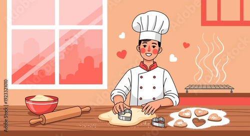 Cheerful chef baking heart shaped cookies in kitchen for valentine's day celebration