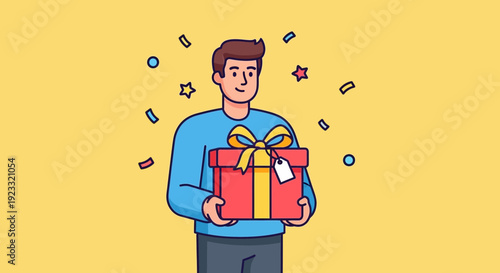 Cheerful man holding gift box surrounded by confetti perfect for festive occasions