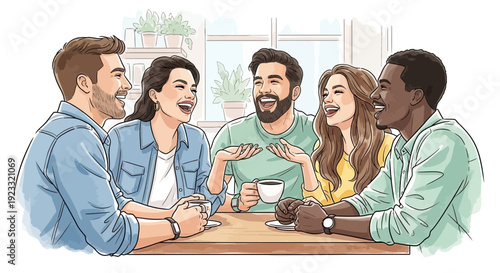 Cheerful friends laughing together at a table with coffees in a bright indoor setting scene