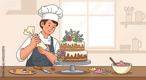 Chef decorating a layered cake with cream and floral accents in a bright kitchen setting