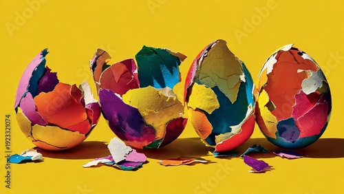 A creative arrangement of colorful broken eggs on a vibrant yellow background
