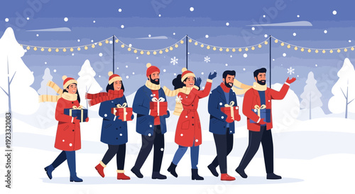 Cheerful winter holiday stroll with friends bearing gifts beneath twinkling lights merrily