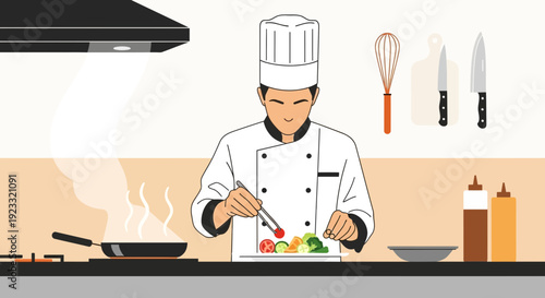 Chef prepares a healthy meal with fresh vegetables in professional kitchen setting