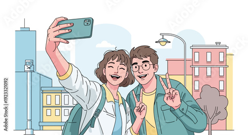Cheerful young couple taking a selfie in the city showcasing youthful joy and togetherness