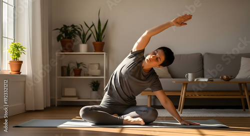 A focused individual performing a seated side bend exercise in a sunlit living room with plants in the background