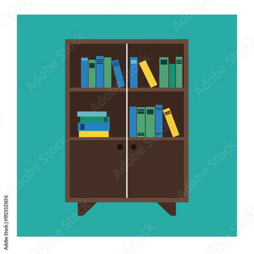 Brown wooden bookshelf with assorted books.