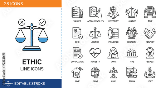 Set of 28 ethic line icons for corporate social responsibility professional integrity and moral values concept