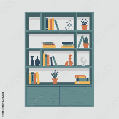Green Bookshelf with Decorative Items and Books.