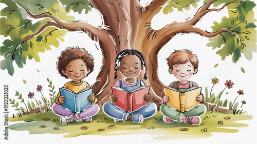 Three children sitting under a tree reading books in a whimsical outdoor setting with flowers