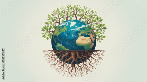 Planet earth with tree roots and green leaves on a light background