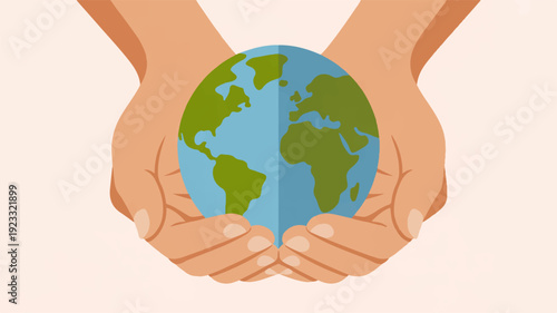 Two hands cradling the earth globe with care and protection on a light background