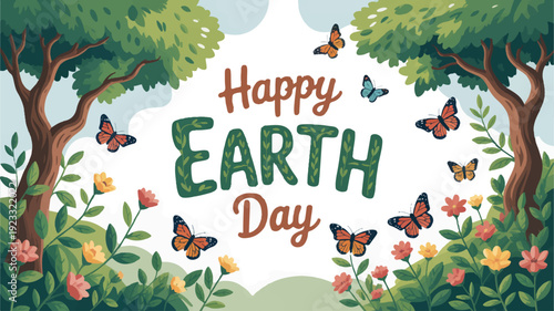 Vibrant earth day celebration banner with butterflies and flowers in a forest